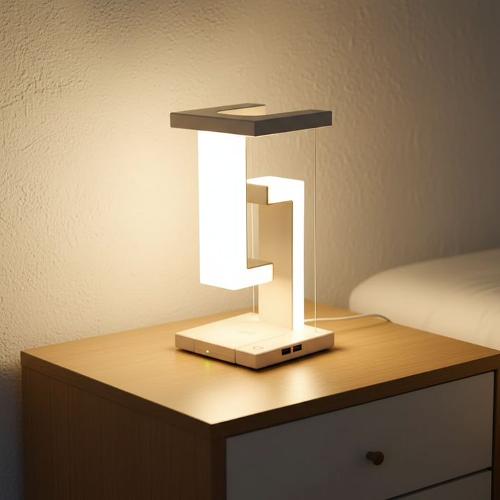 Nowoczesna lewitująca lampka stołowa FloatGlow z ładowarką bezprzewodową, idealna do biura i domu.