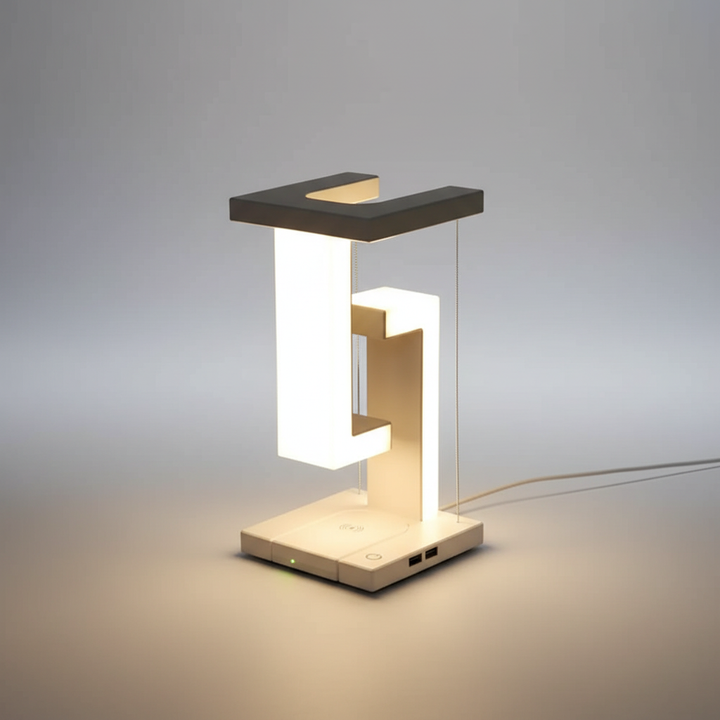 Designerska lampka LED z lewitującą żarówką i sterowaniem dotykowym. Oświetlenie do nowoczesnych wnętrz.