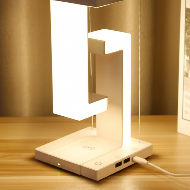 Elegancka lampka stołowa z technologią lewitacji, oświetlenie LED i bezprzewodową ładowarką. Gadżet tech.