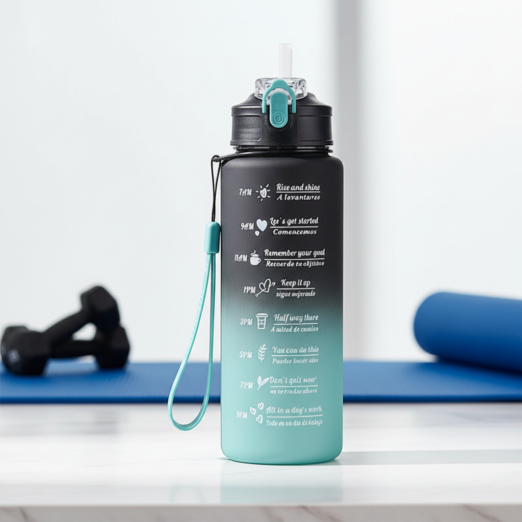Butelka motywacyjna AquaPulse z czasomierzem do picia wody. Idealna na fitness i zdrowe nawodnienie.