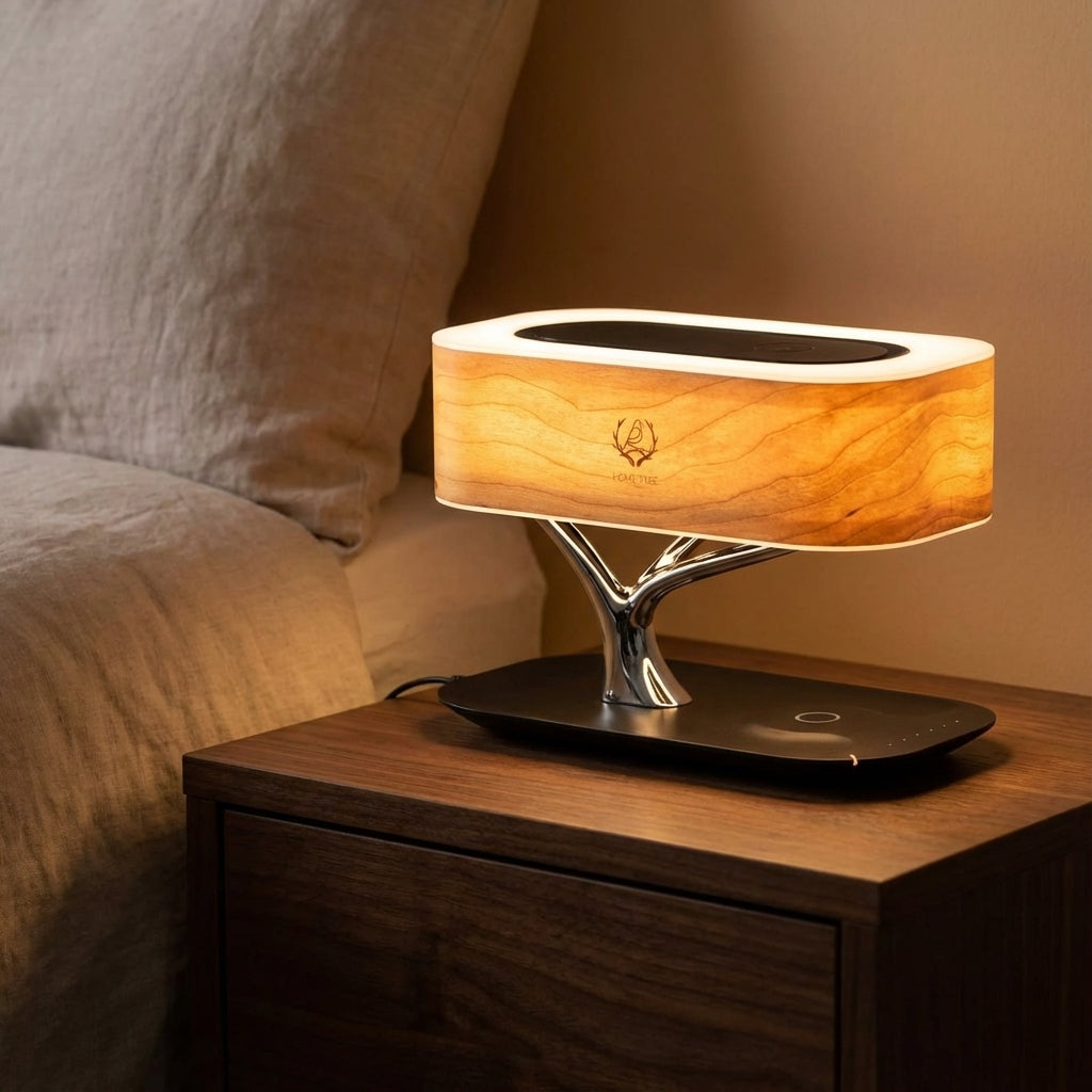 Nowoczesna, wielofunkcyjna lampa biurkowa Treonix z bezprzewodową ładowarką i głośnikiem Bluetooth, do domu i biura.