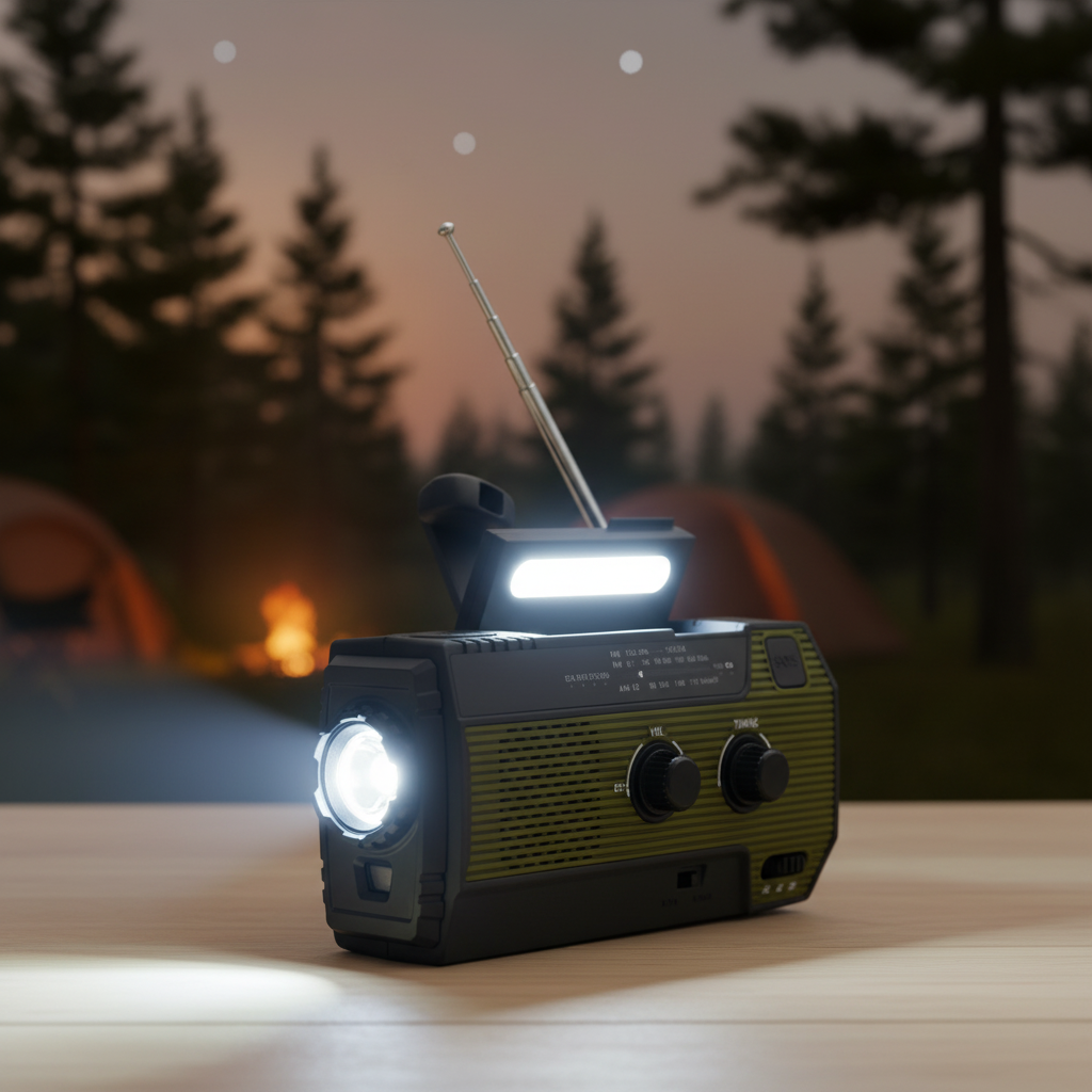 Wielofunkcyjne radio awaryjne SurviGuard z latarką LED, powerbankiem, FM/AM i ładowaniem słonecznym/dynamo.