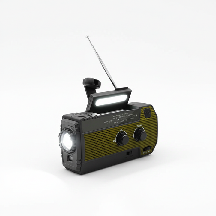 Radio awaryjne SurviGuard z wbudowanym powerbankiem, idealne do ładowania telefonu w sytuacjach kryzysowych i na kempingu.