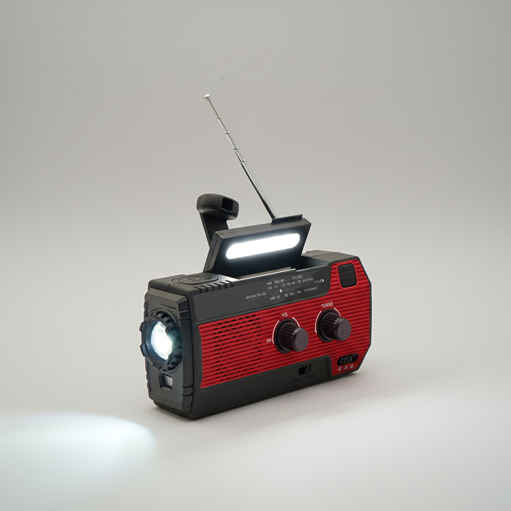 Radio awaryjne SurviGuard z korbką dynamo do ręcznego ładowania, niezawodne źródło energii w sytuacjach kryzysowych.