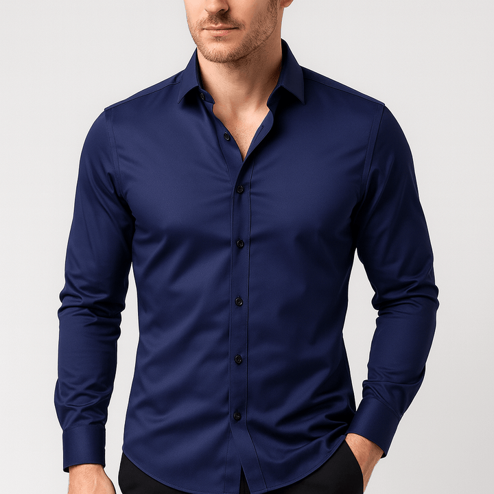 Nowoczesna koszula męska, niegniotąca się, elastyczna tkanina, długi rękaw, styl biznesowy i smart casual.