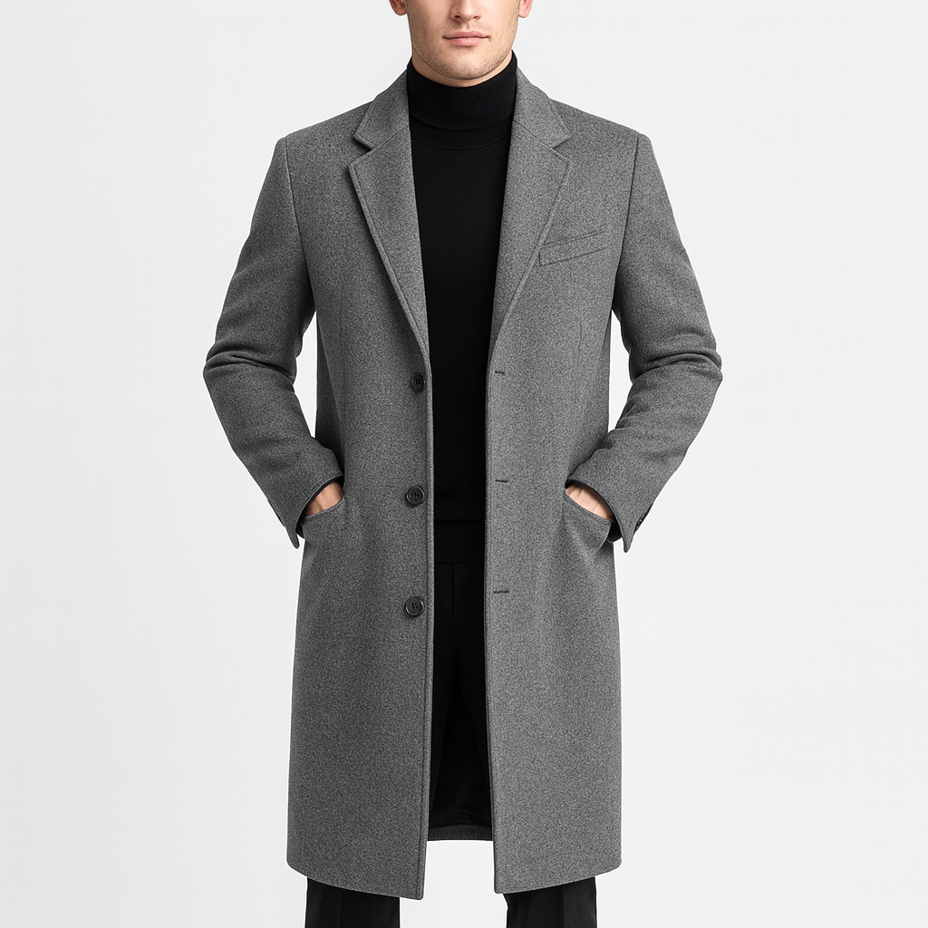 Modny męski płaszcz zimowy, uniwersalny do stylizacji formalnych i casualowych. Wygodny i elegancki.