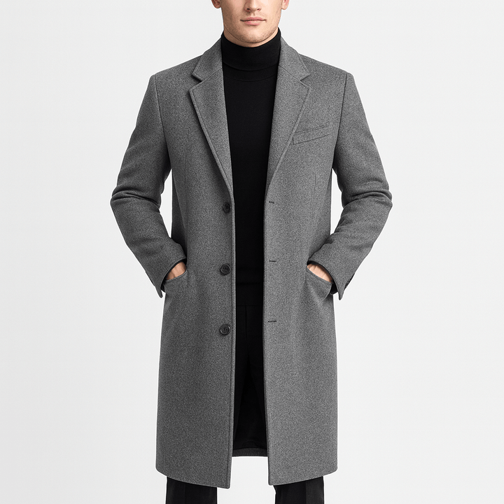 Modny męski płaszcz zimowy, uniwersalny do stylizacji formalnych i casualowych. Wygodny i elegancki.