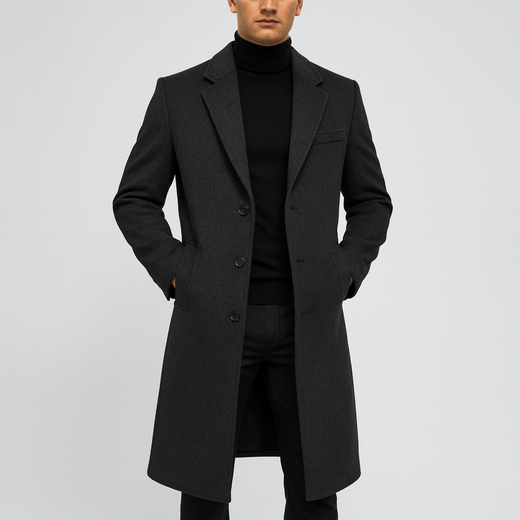 Stylowy męski płaszcz zimowy w klasycznym kolorze, doskonały na zimę. Elegancki i zapewniający ciepło.