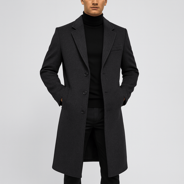 Stylowy męski płaszcz zimowy w klasycznym kolorze, doskonały na zimę. Elegancki i zapewniający ciepło.