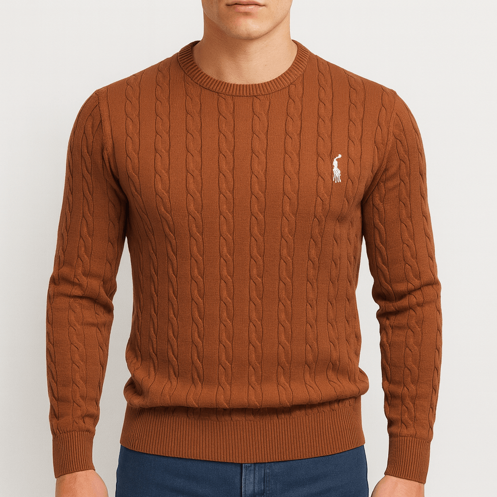 Elegancki sweter męski z warkoczowym splotem, doskonały do casualowych i smart-casualowych stylizacji na jesień/zimę.