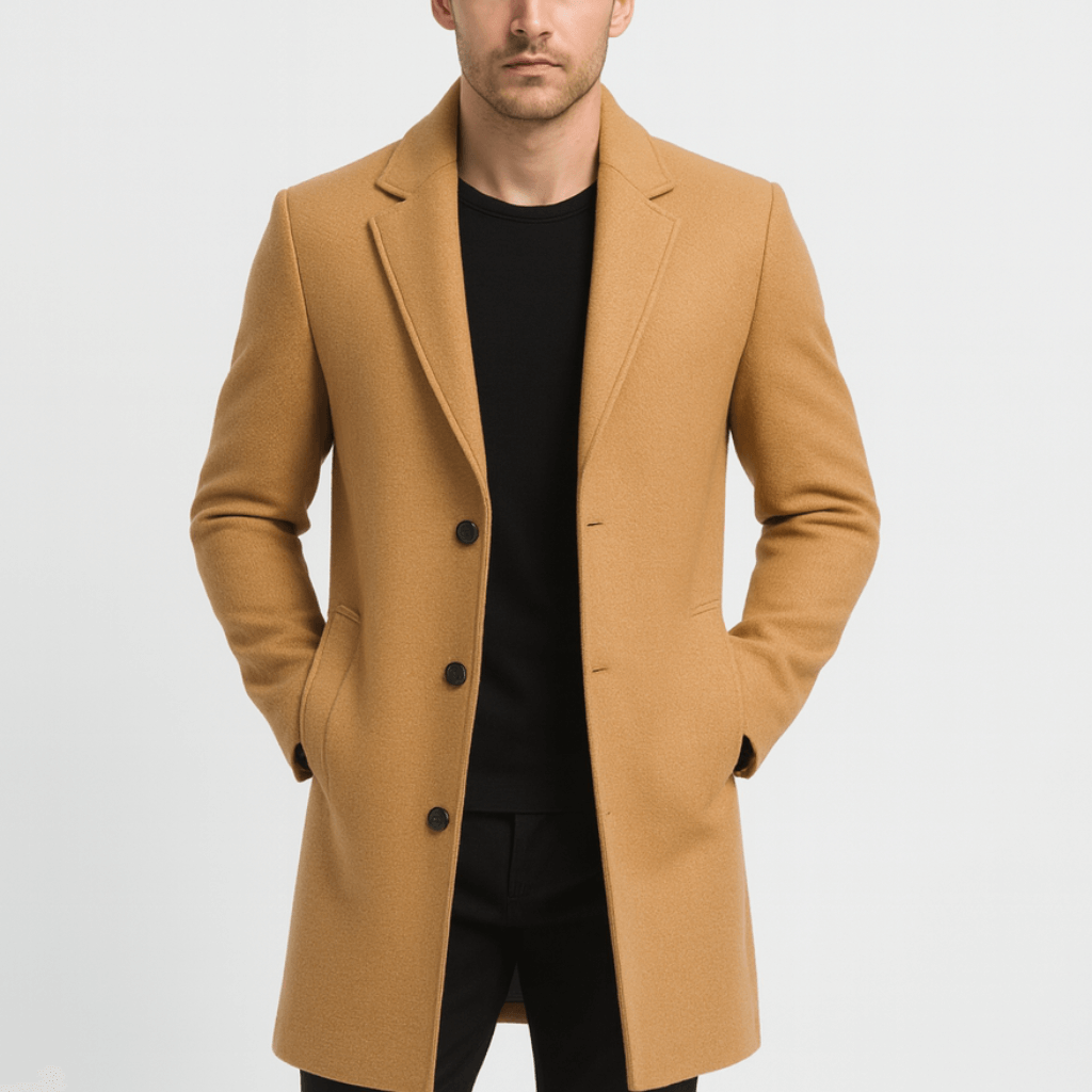 Stylowy męski płaszcz klasyczny, elegancki wybór na biznesowe spotkania i formalne okazje. Ponadczasowy design.