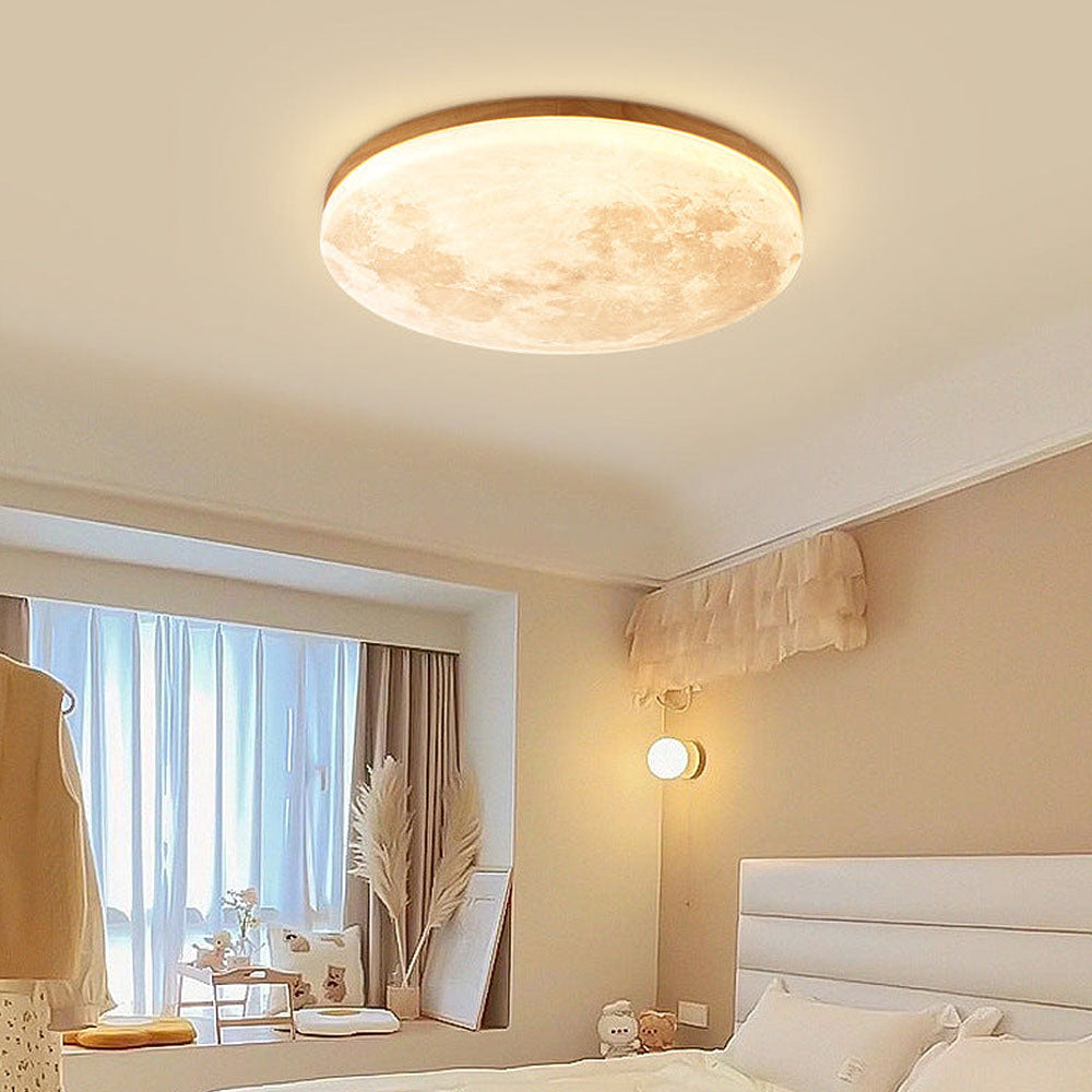 Nowoczesna lampa sufitowa LED z efektem Księżyca, idealna do salonu. Akrylowo-drewniany design.