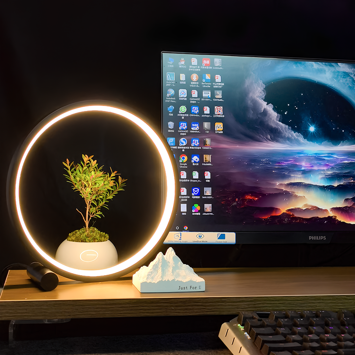 Lampa stołowa LED okrągła, aluminiowa ze ściemniaczem. Nowoczesne oświetlenie z chłodną bielą.