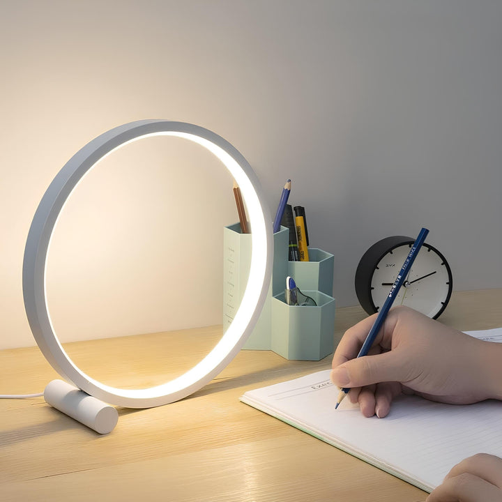 Dekoracyjna lampa stołowa LED, okrągła, aluminiowa. Nowoczesny design, ze ściemniaczem do sypialni.