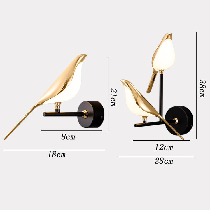 Nowoczesna złota lampa ścienna LED z ptakami. Designerskie oświetlenie salonu i sypialni.