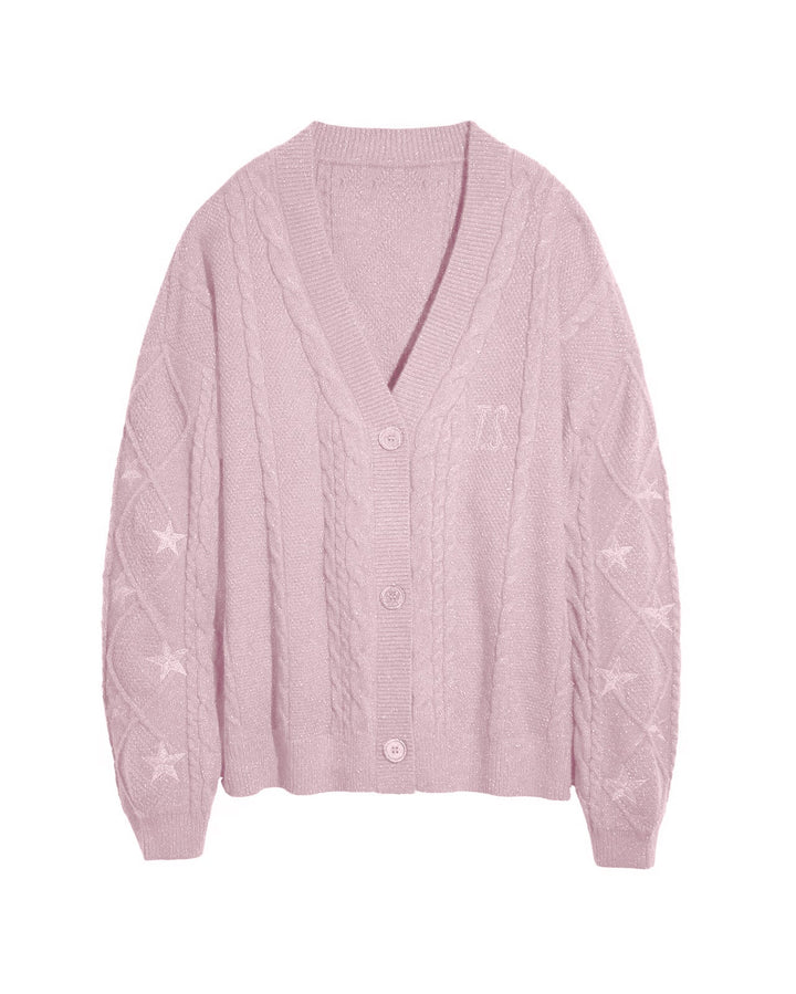 Oversize'owy sweter damski z haftowanymi gwiazdami, stylowy splot, must-have na jesień.
