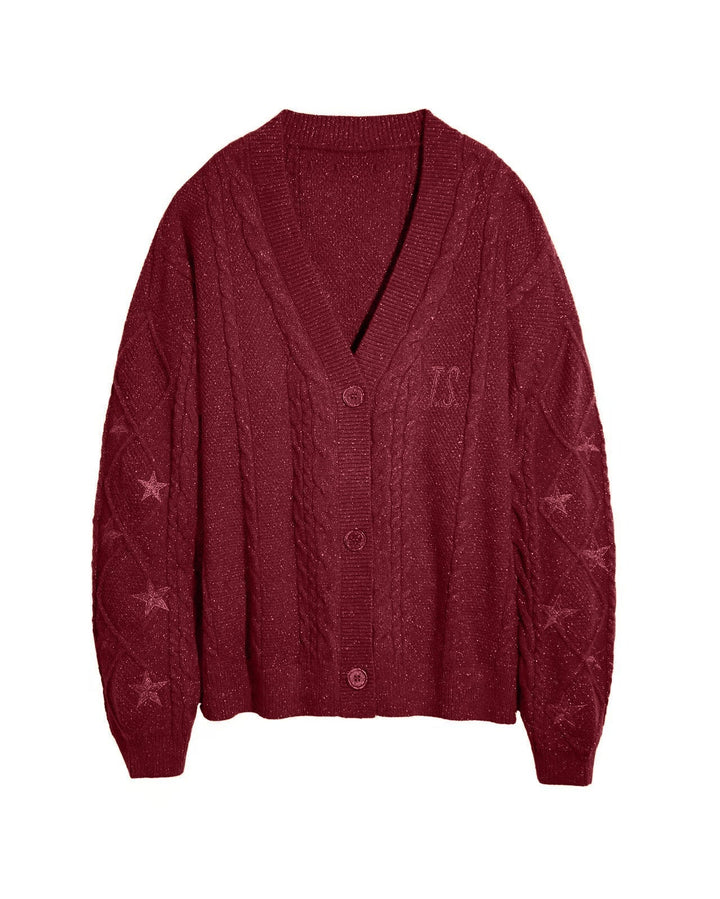 Stylowy kardigan damski oversize, splot, haft gwiazd, dekolt V, must-have sezonu.