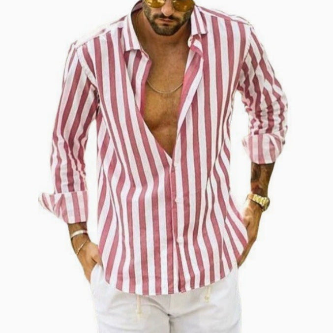 Elegancka koszula męska slim fit w paski. Kołnierzyk Kent, długi rękaw. Moda męska na spotkania i styl smart casual.