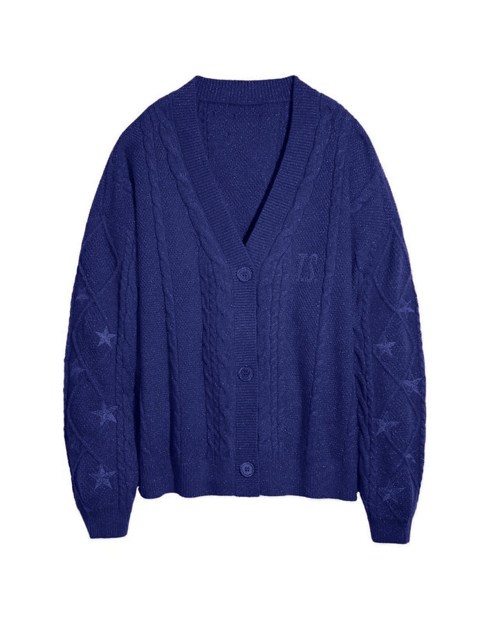 Modny sweter damski z dekoltem V, haft gwiazd, oversize, komfortowy i stylowy.