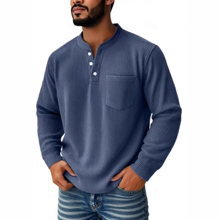 Stylowa męska koszulka termiczna Henley, długi rękaw, stójka. Casual, idealna do codziennych stylizacji.