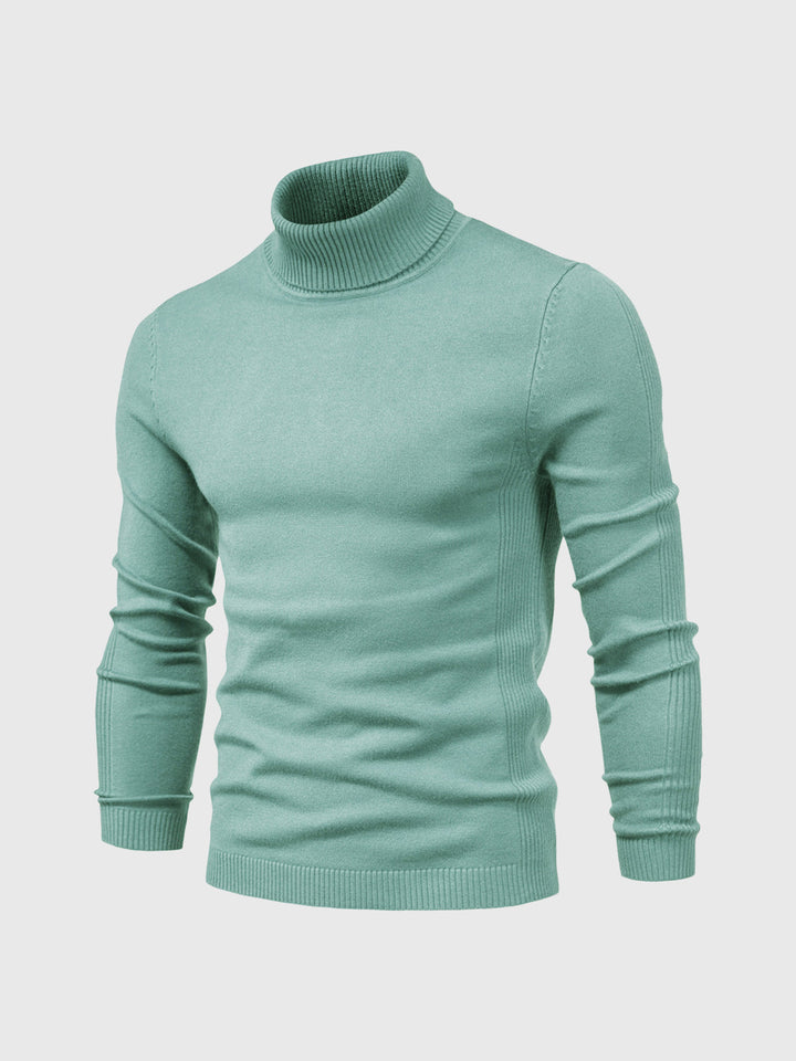 Sweter męski Adrien w zbliżeniu. Elegancki golf jesienny, widoczna tekstura materiału, zapewniająca komfort.