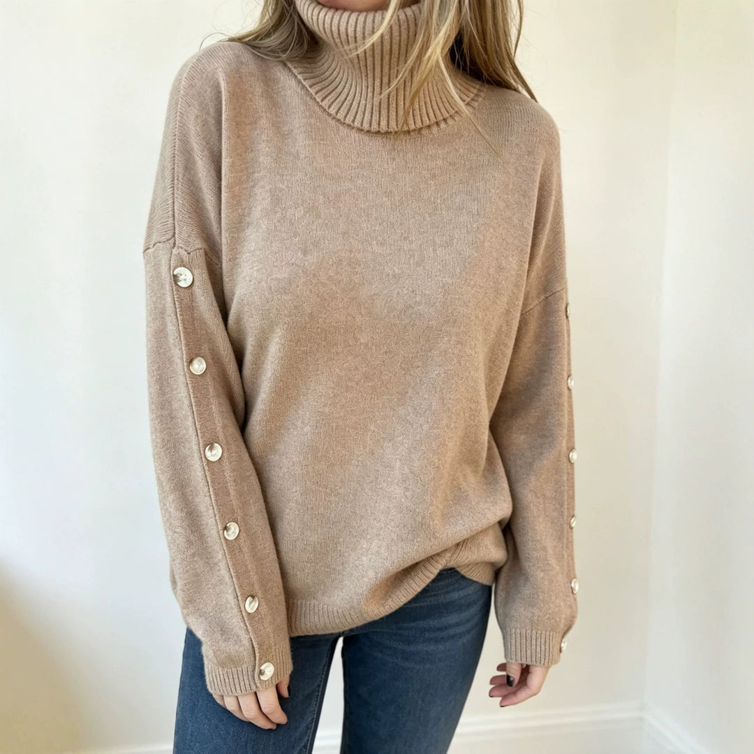Damski sweter oversize z golfem i ozdobnymi guzikami, idealny na jesień i zimę.