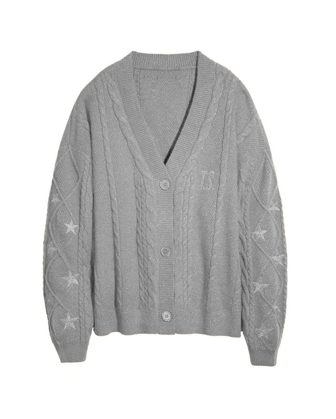 Oversize'owy kardigan damski z dekoltem V, haft gwiazd, idealny do warstwowych outfitów.