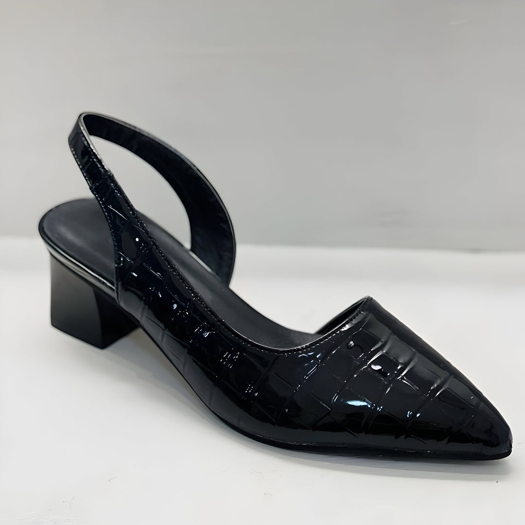 Klasyczne czółenka damskie slingback, wzór krokodyla, niski obcas. Idealne buty wieczorowe i biurowe.