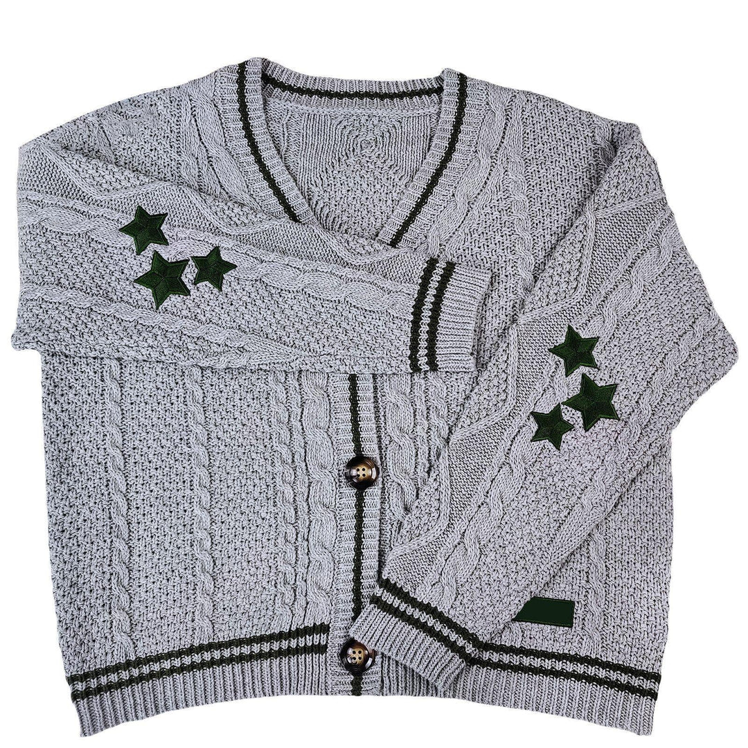 Damski kardigan oversize z gwiazdami w casualowej stylizacji, luźny fason, idealny na jesień.