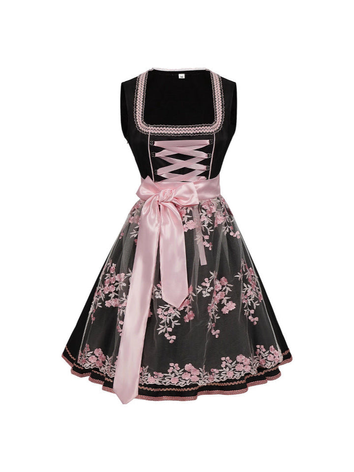 Damska sukienka dirndl na Oktoberfest, bawarski strój ludowy z eleganckim sznurowanym gorsetem.