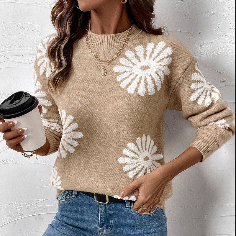 Wygodny damski sweter casual w kolorze khaki, z modnym kwiatowym wzorem i długim rękawem. Idealny na co dzień.