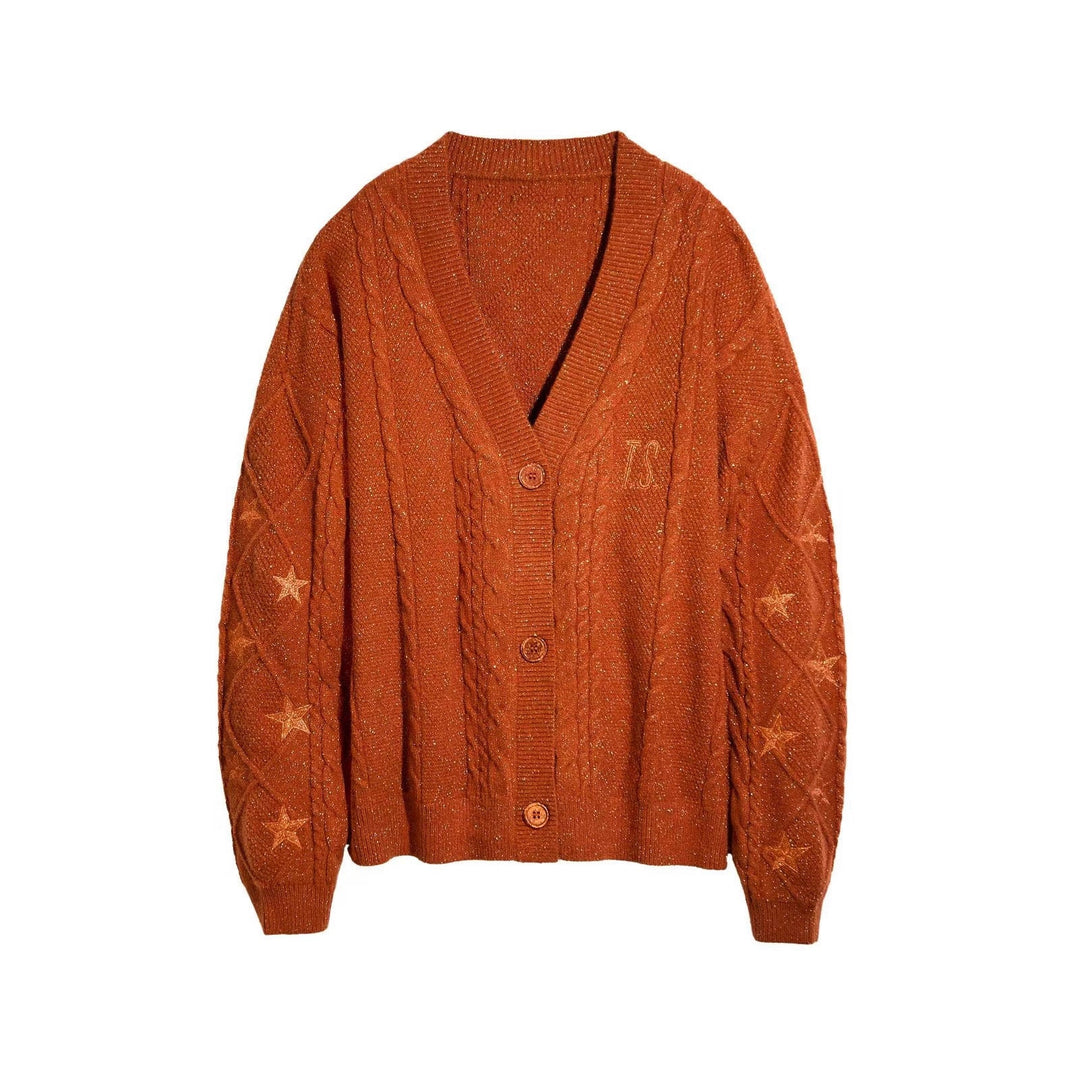 Damski sweter oversize, idealny na jesień, haftowane gwiazdy, luźny krój, dekolt V.