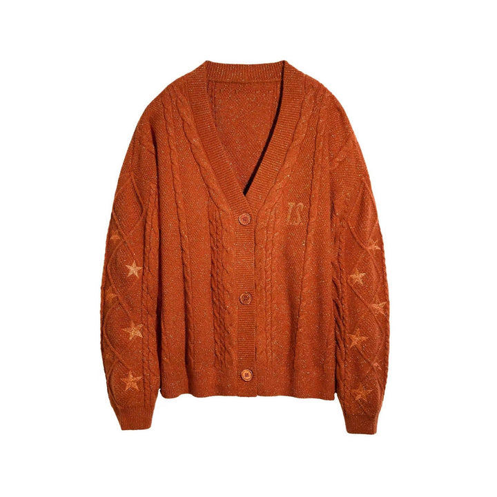 Damski sweter oversize, idealny na jesień, haftowane gwiazdy, luźny krój, dekolt V.