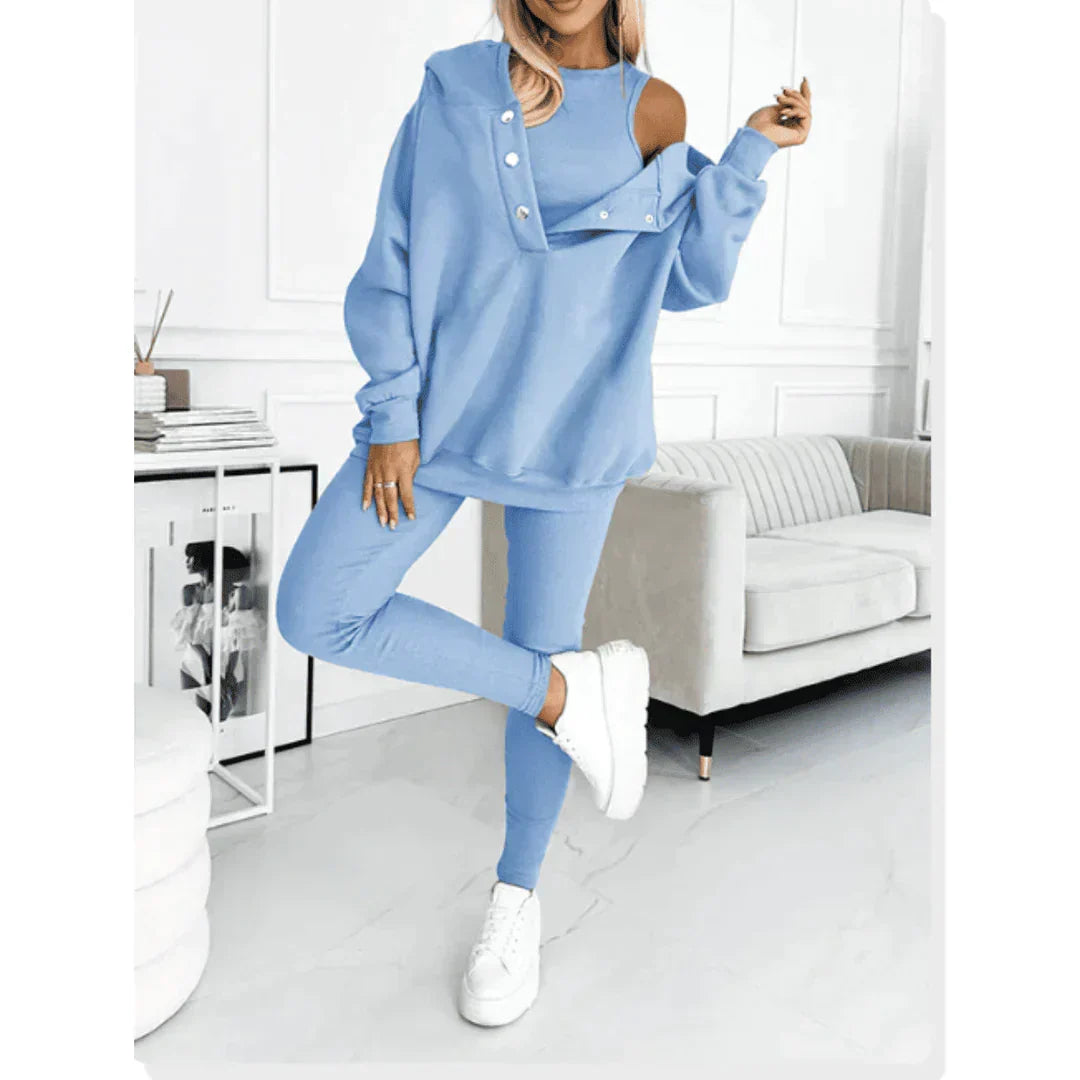 Damski trzyczęściowy komplet dresowy. Elegancki, bawełniany dres na co dzień i loungewear. Komfortowy strój domowy.