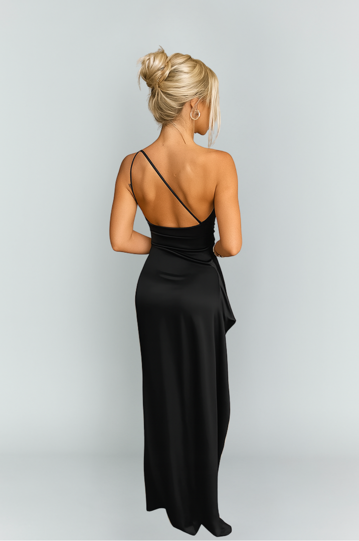 Damska elegancka sukienka maxi, asymetryczna, jednoramienna, z modnym rozcięciem, na wieczór i wesele.