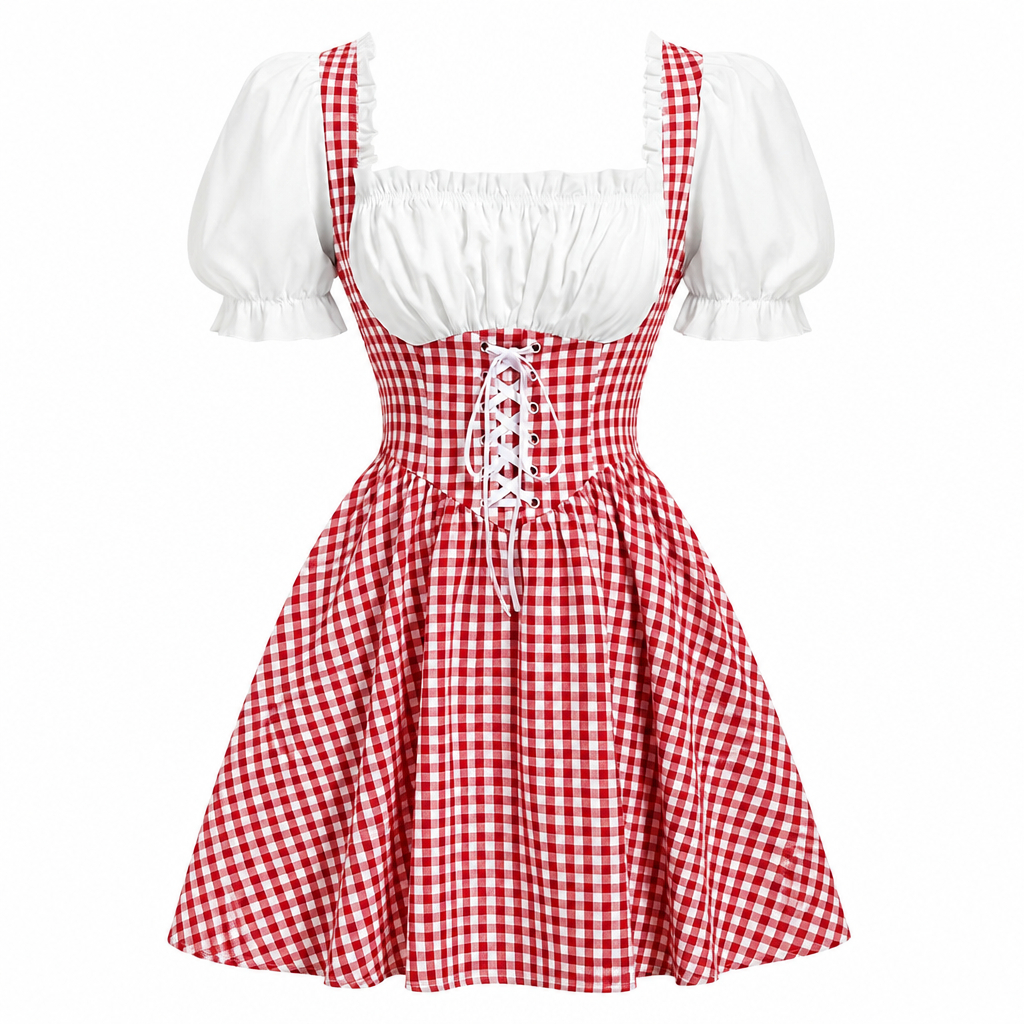 Damska sukienka Dirndl w czerwoną kratę na Oktoberfest z bufiastymi rękawami.