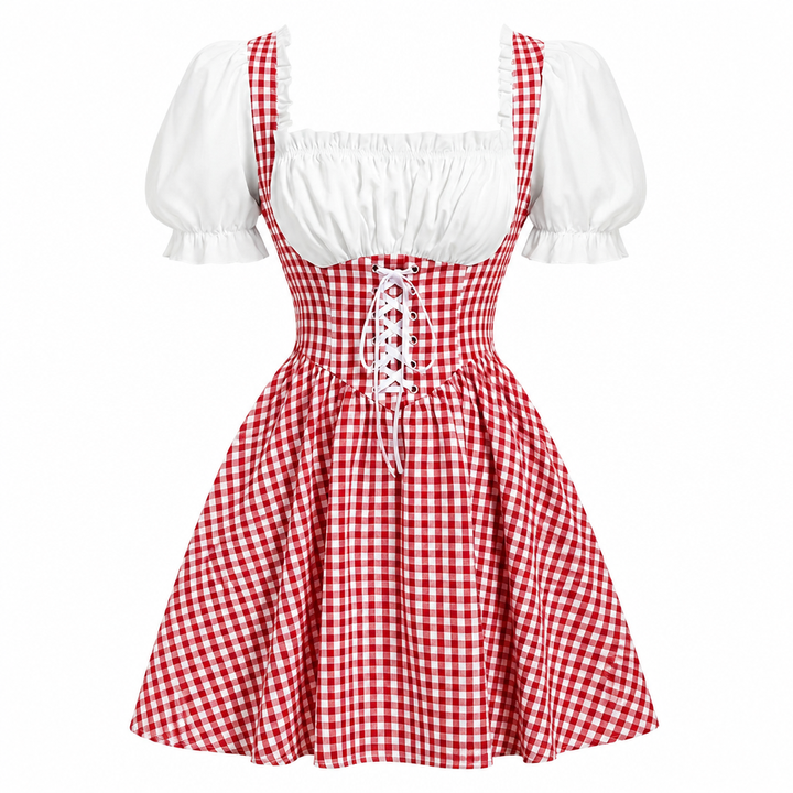 Damska sukienka Dirndl w czerwoną kratę na Oktoberfest z bufiastymi rękawami.