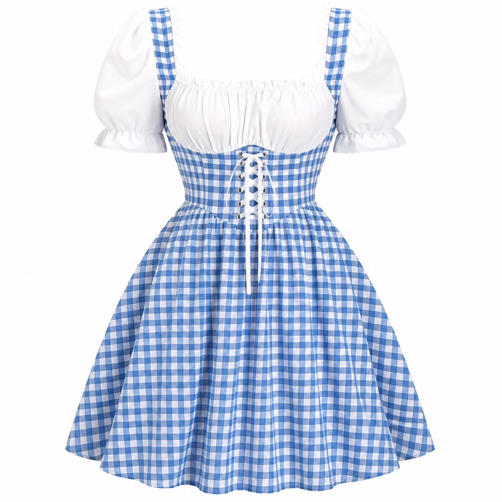 Damska sukienka Dirndl w kratę, retro strój na Oktoberfest z bufiastymi rękawami.