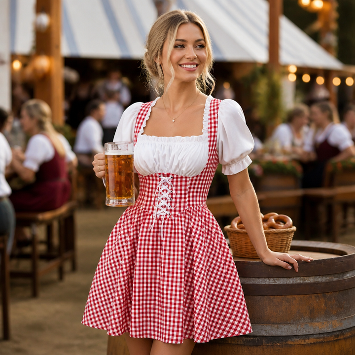 Sukienka w kratę damska, styl Dirndl, doskonała odzież na imprezy tematyczne i bawarskie.