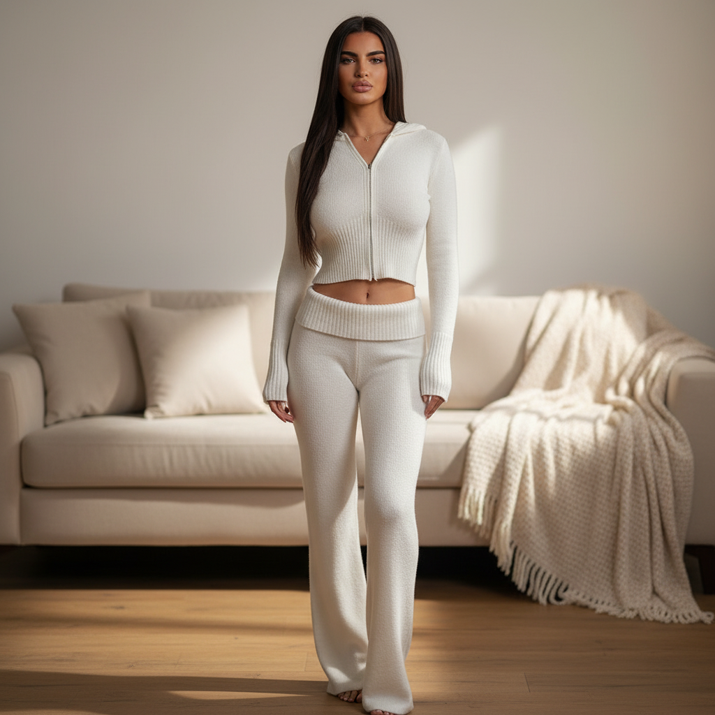 Damski dres oversize z kapturem i szerokimi spodniami. Wygodny komplet loungewear Emilia.