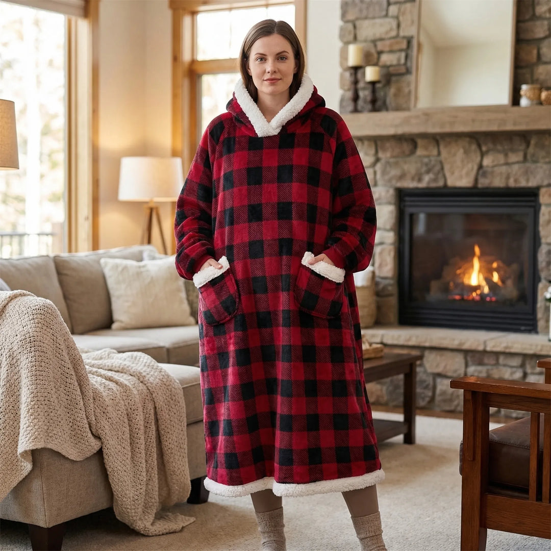 Przytulny koc z kapturem Lola oversize unisex, idealny do relaksu w domu. Miękki, ciepły, z kieszenią kangurką.