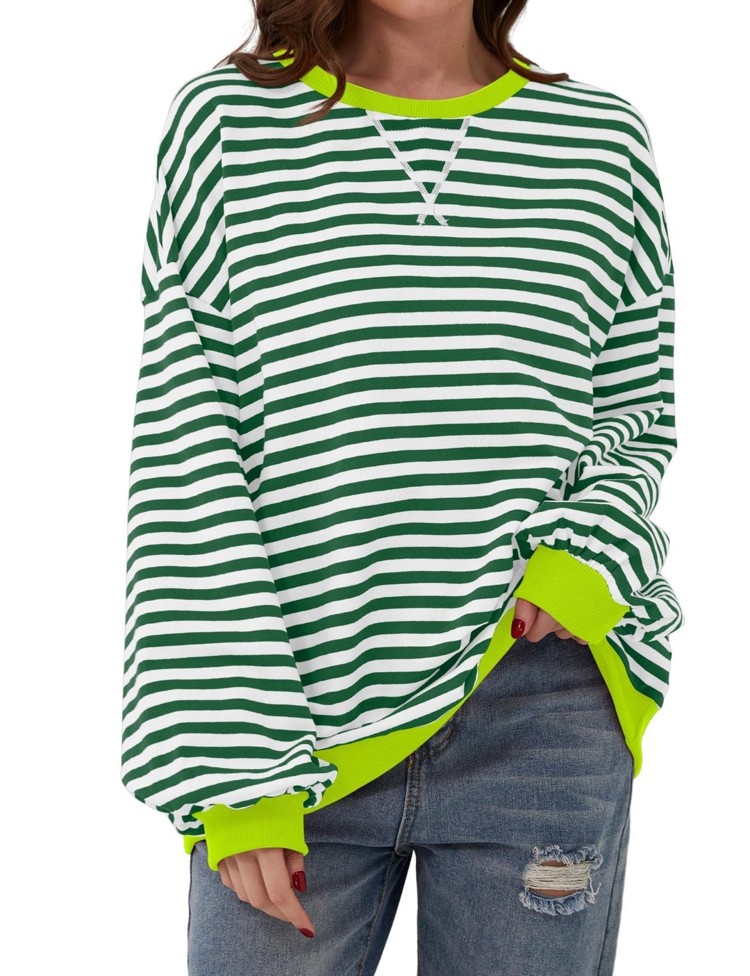 Modna damska bluza w paski, oversize, okrągły dekolt. Wygodna, z długim rękawem, na co dzień.