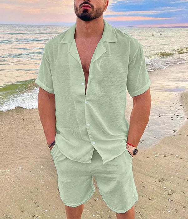 Elegancki casual męski zestaw Cezary. Dwuczęściowy komplet: teksturowana koszula i szorty na lato.