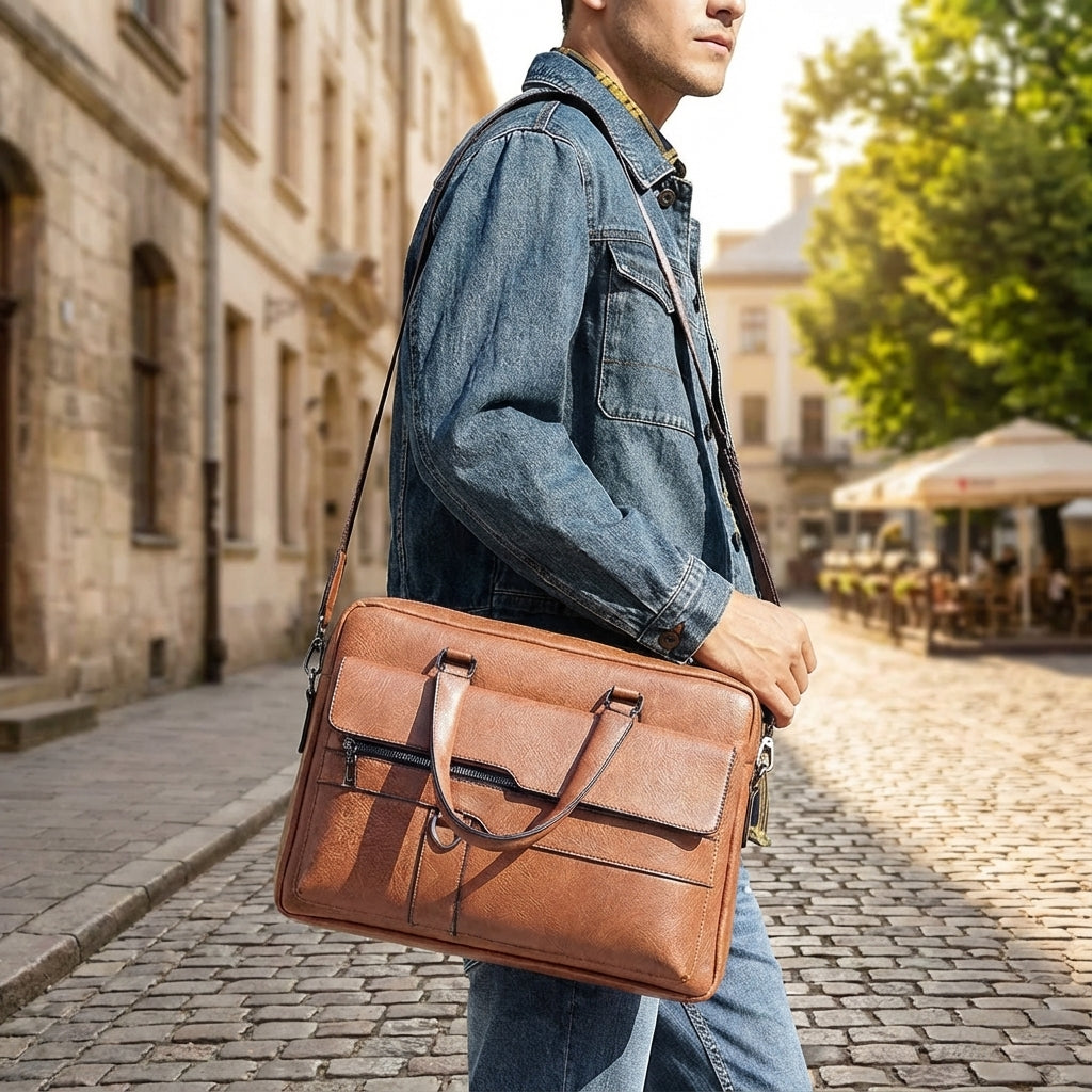 Męska torba na laptopa MetroBrief ze skóry PU, z paskiem na ramię. Idealna do biura i podróży służbowych.
