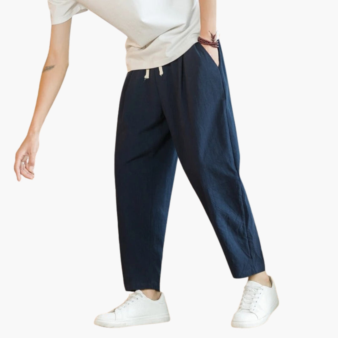 Stylowe męskie spodnie z prostą nogawką, luźne i oddychające, idealne na letnie dni, do casualowych outfitów.