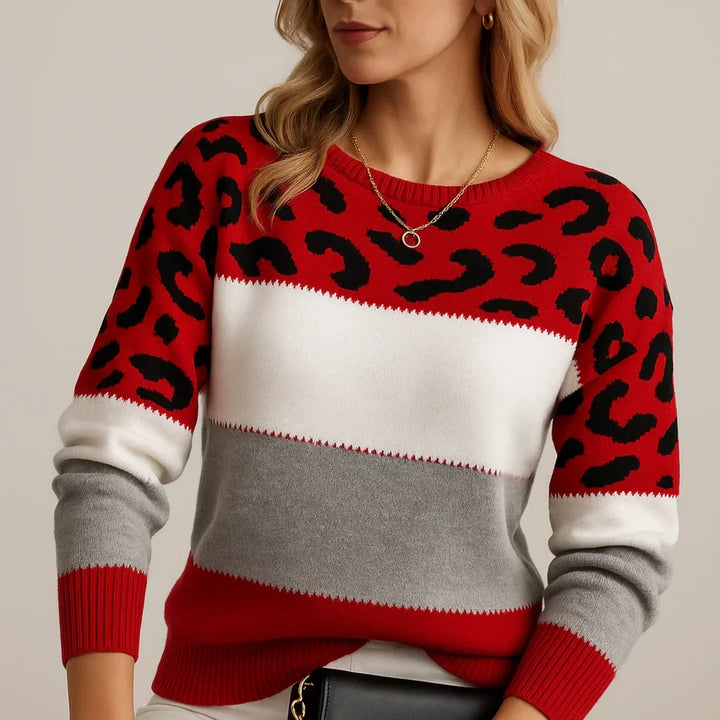 Zimowy sweter damski w panterkę: luźny fason, ciepły, modny casualowy styl, odzież damska.