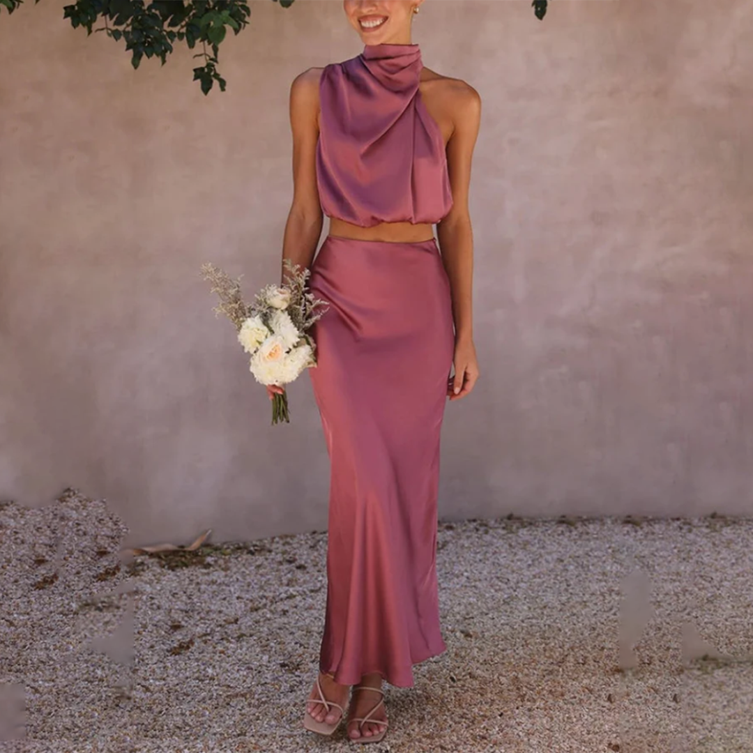 Kobiecy komplet imprezowy: elegancka spódnica maxi i góra bez rękawów. Styl wieczorowy, poliester.