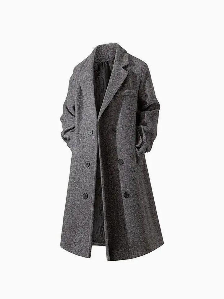 Elegancki płaszcz męski dwurzędowy z klasycznym kołnierzem, idealny na jesień i zimę, do garnituru.