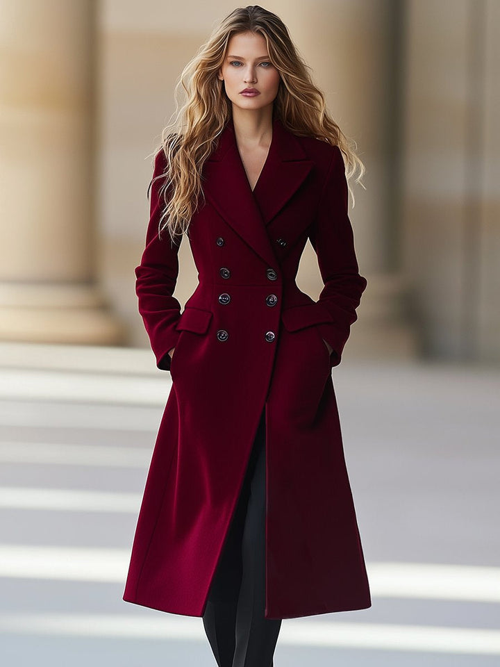 Formalny damski płaszcz dwurzędowy w kolorze bordo. Elegancki krój, zapinany na guziki, doskonały do biura.