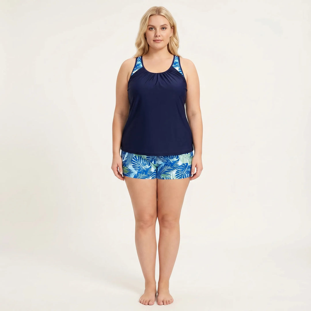 Komfortowy kostium kąpielowy plus size dla kobiet, z modnym tropikalnym wzorem i wysokim stanem.